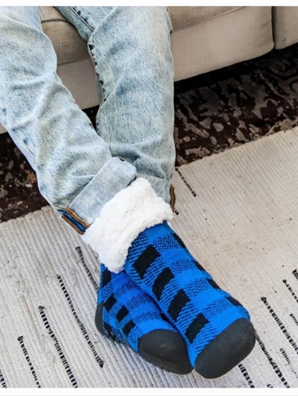 **3/$16 SALE - Cozy Blue Dr Johnny's Plaid Sherpa-Lined Socks